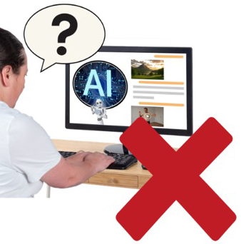 A red cross next to a woman asking an artificial intelligence system a question on a computer.