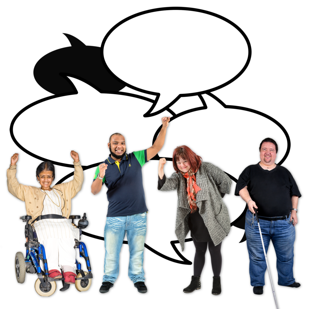 4 people standing next to each other with several speech bubbles on top