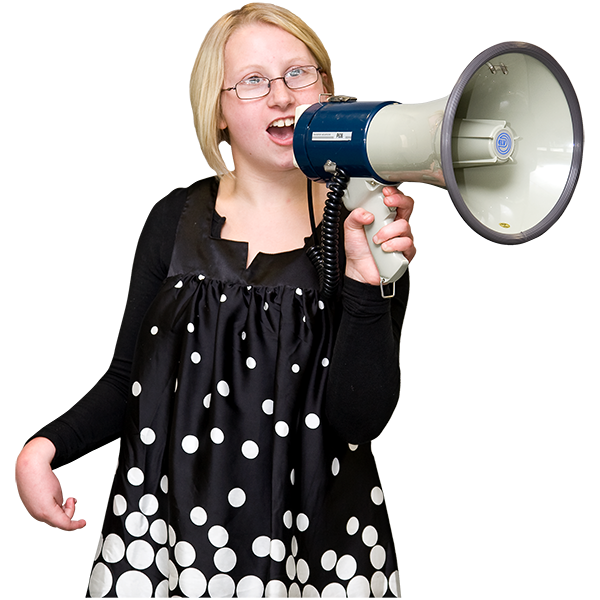 A woman holding and speaking to a megaphone