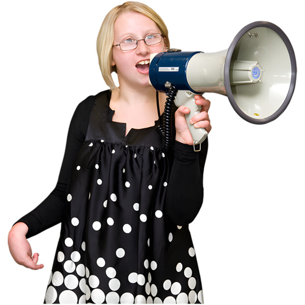 A girl speaking through a megaphone.