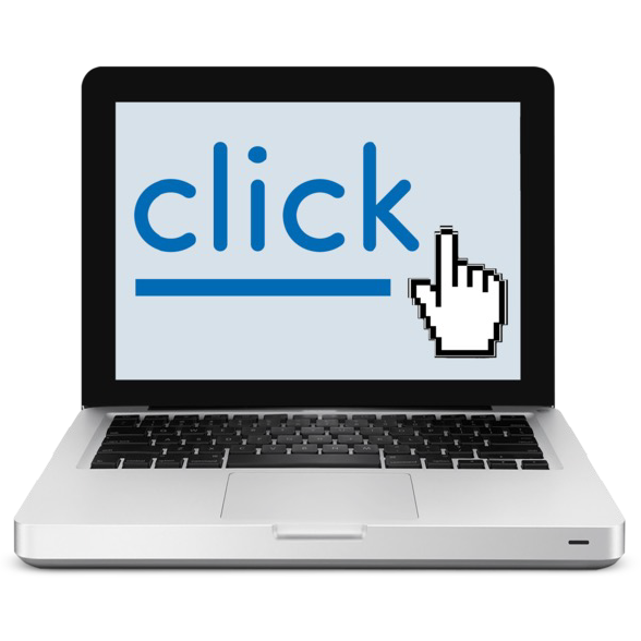 A laptop displaying the word 'CLICK' on the screen.
