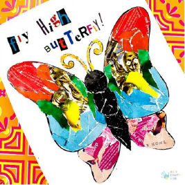 A butterfly collage artwork made from pieces of coloured paper glued together.