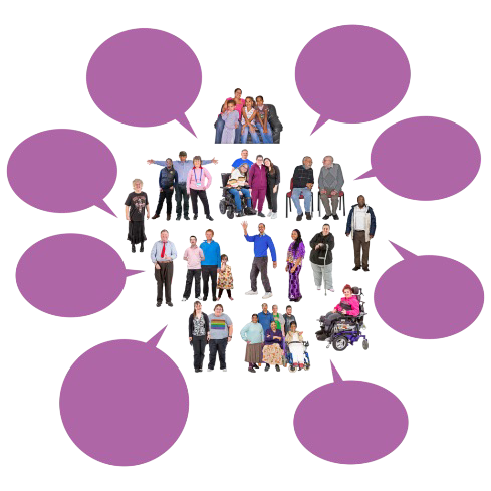 A diverse group of people connected by speech bubbles.