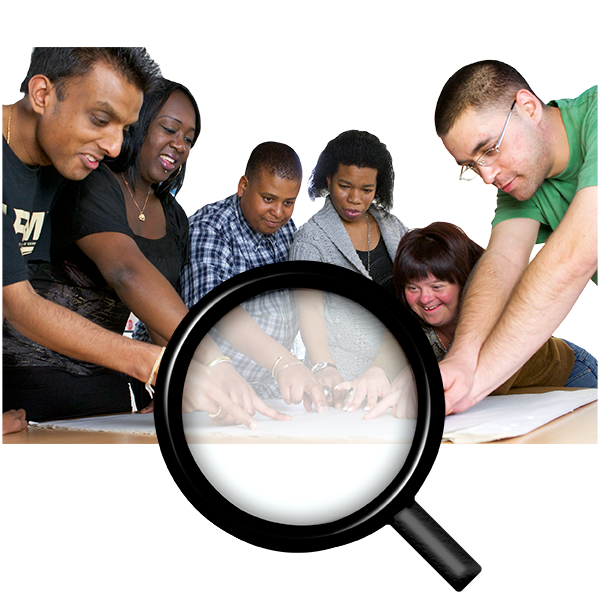 A diverse group of people gathering around a table, viewed through a large magnifying glass graphic.