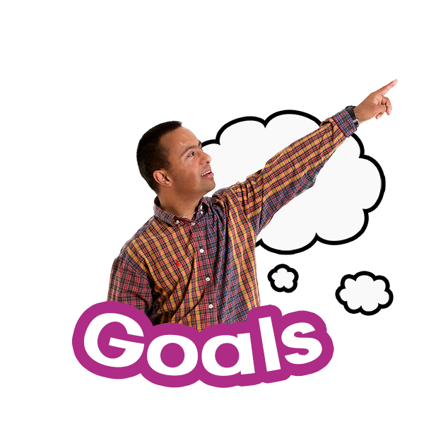A man pointing to the right with the word goals