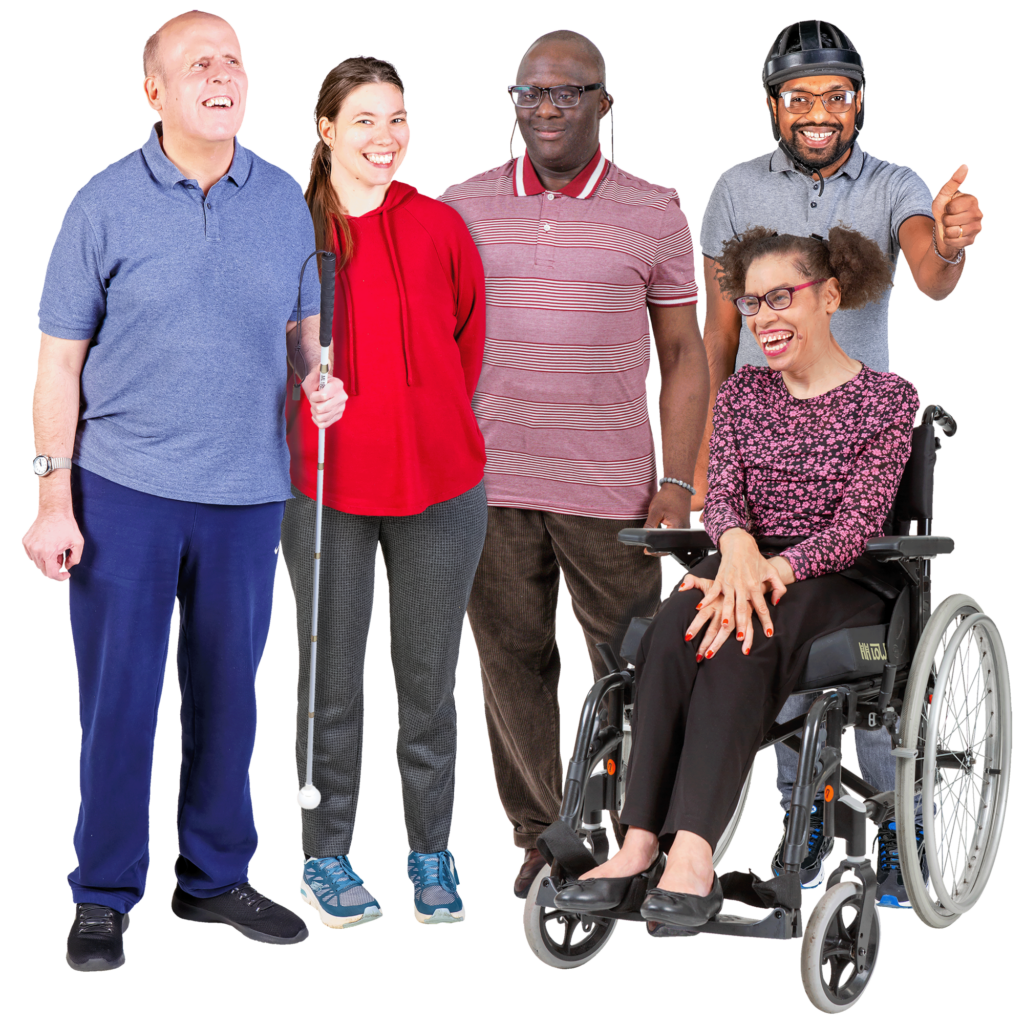 3 men and 2 women standing next to each other smiling