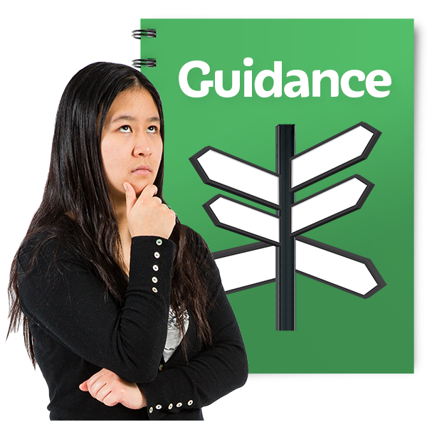 A woman next to a sign saying Guidance