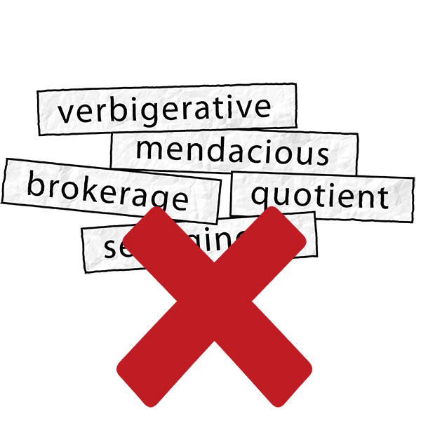 Difficult words floating around and a cross mark in front of them