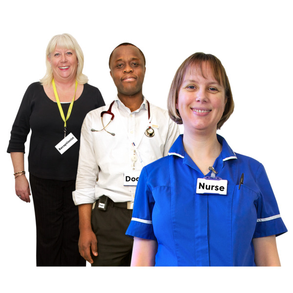 From left to right: receptionist, doctor, and nurse.