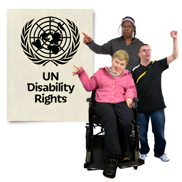 Three people next to a UN Disability Rights document.