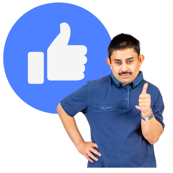 A man giving a thumbs-up with a thumbs-up icon behind him.
