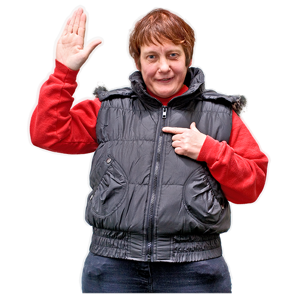 A woman with her left arm lifted and the right one pointing to her 