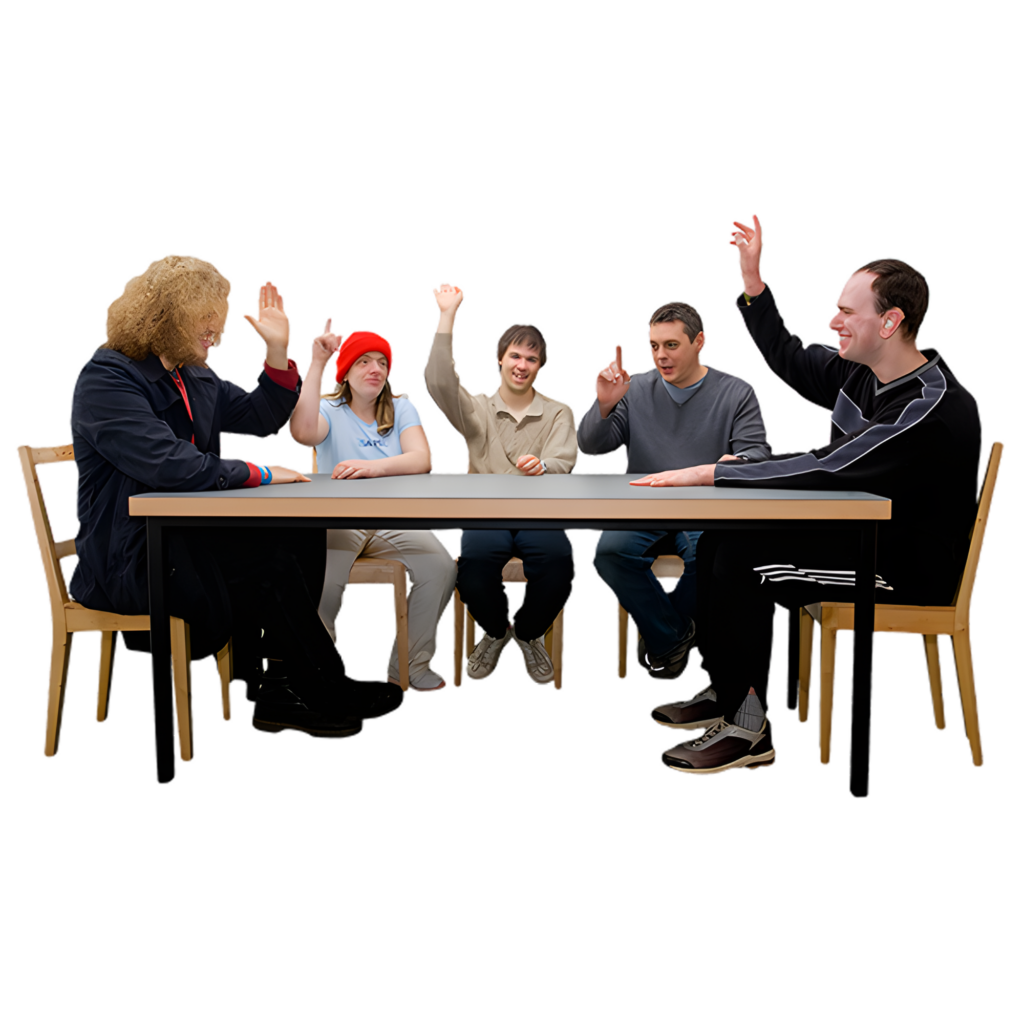 A group of people raising their hands.