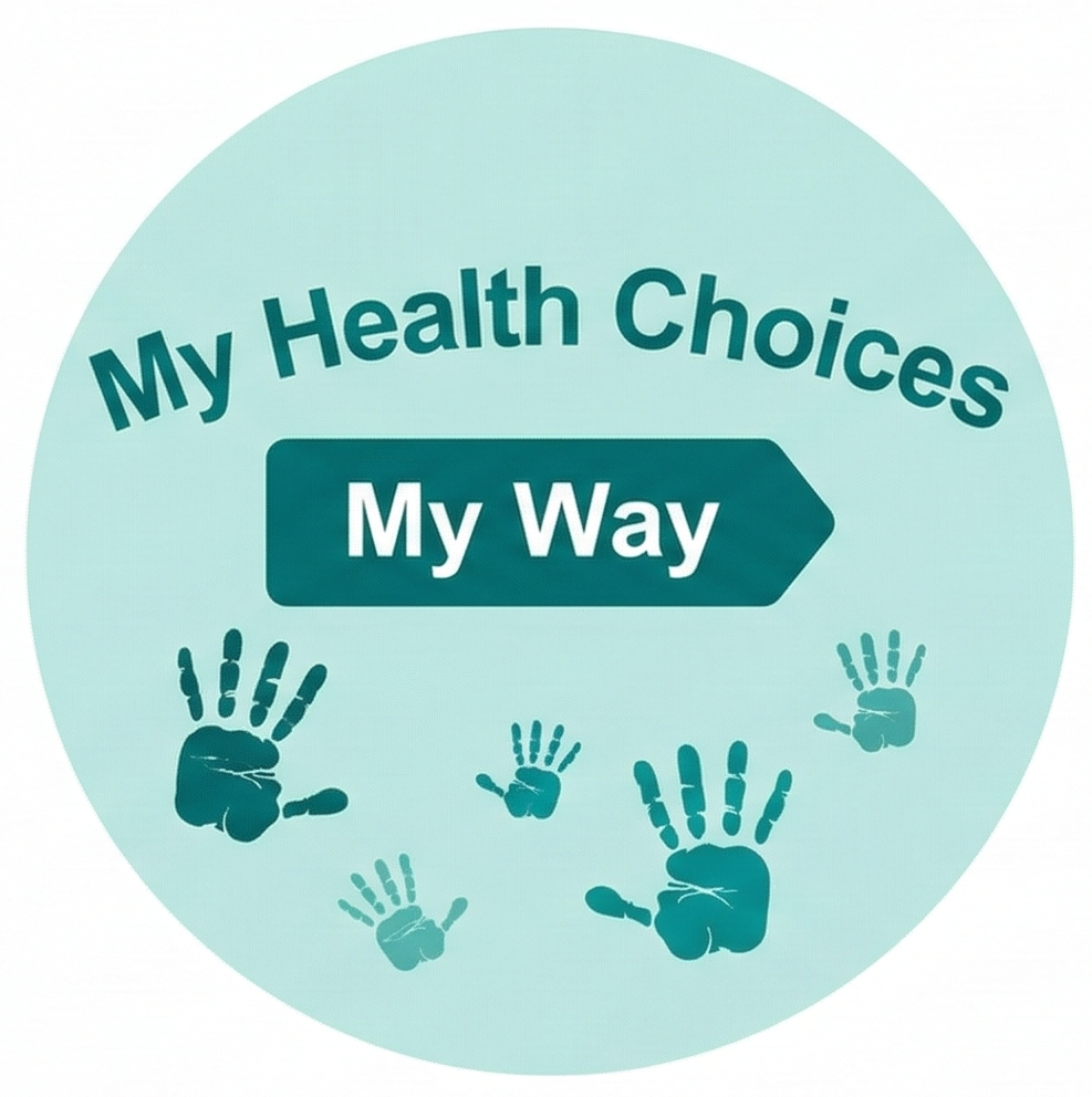 A teal circular 'My Health Choices My Way' logo with different-sized hands displayed inside the circle.