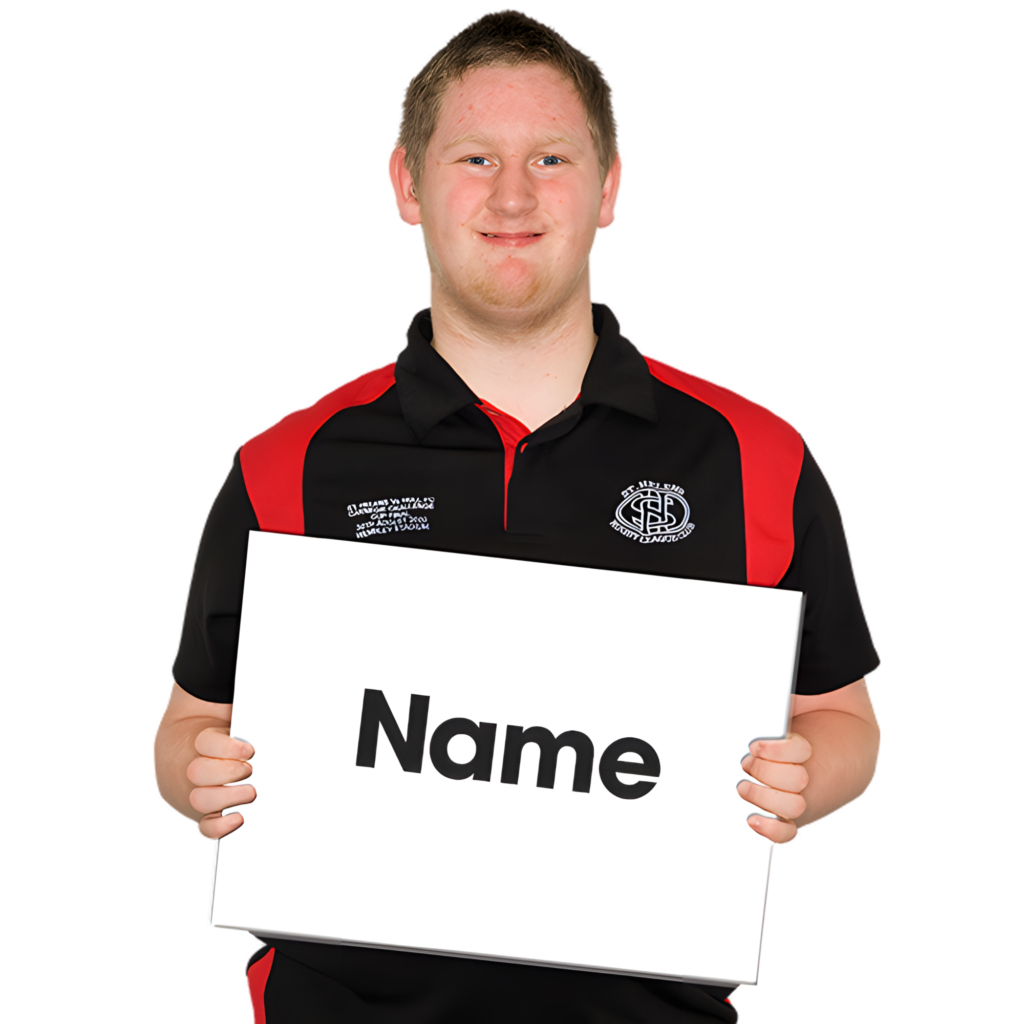 A person holding a sign labelled 'Name'.