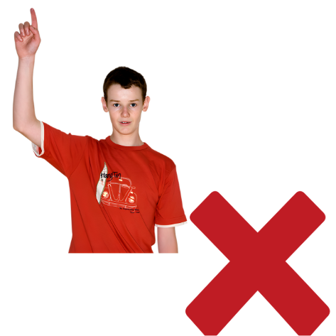 A boy raising his hand and a cross next to him
