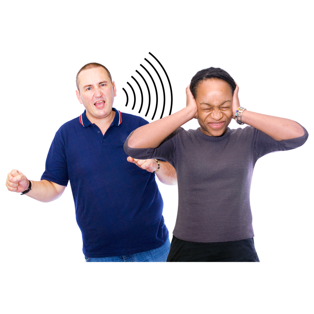 A man talking and a woman covering her ears 