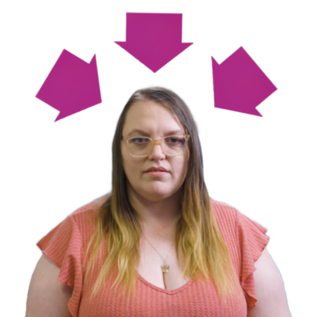 A woman in the centre with three arrows pointing toward her.