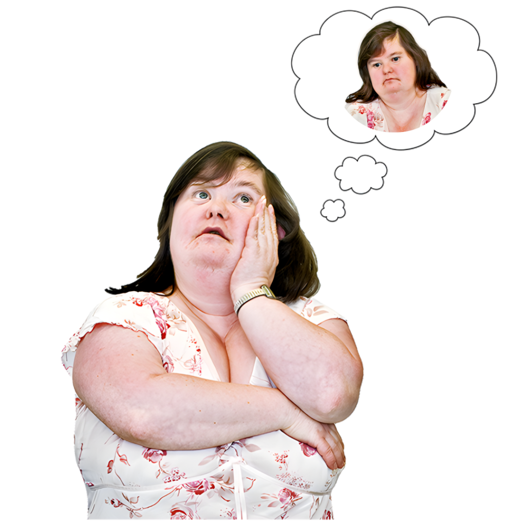 A woman resting her face on one hand and looking upward thoughtfully, with a thought bubble showing an image of herself.
