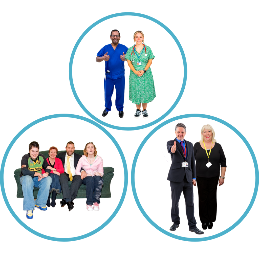 Three groups of people displayed in separate connected circles, including healthcare workers, a family, and teachers.
