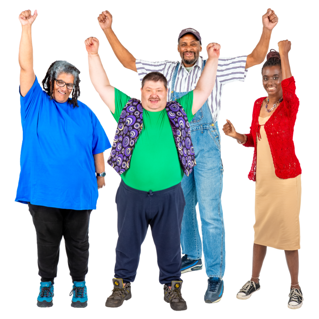 A group of people raising their hands in celebration.