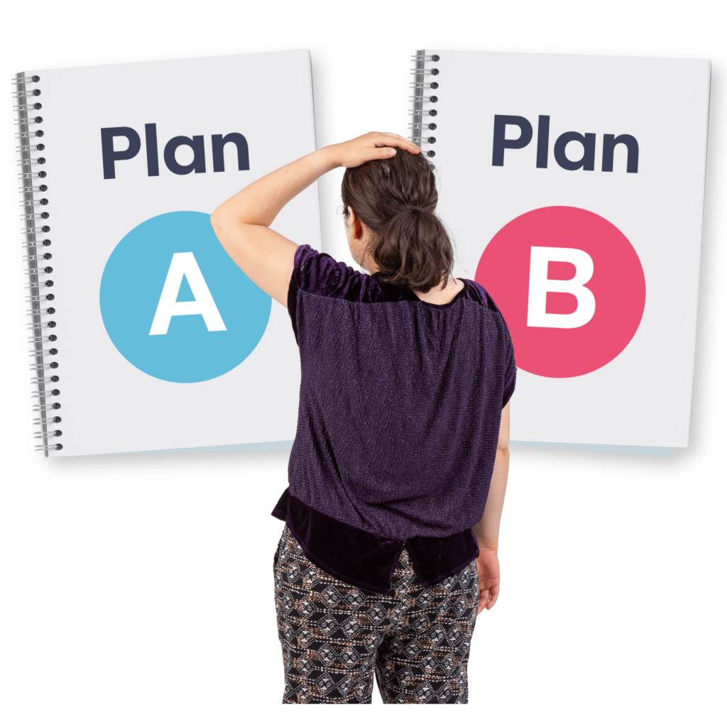 A woman standing in front of two big books: One says Plan A, the other one Plan B