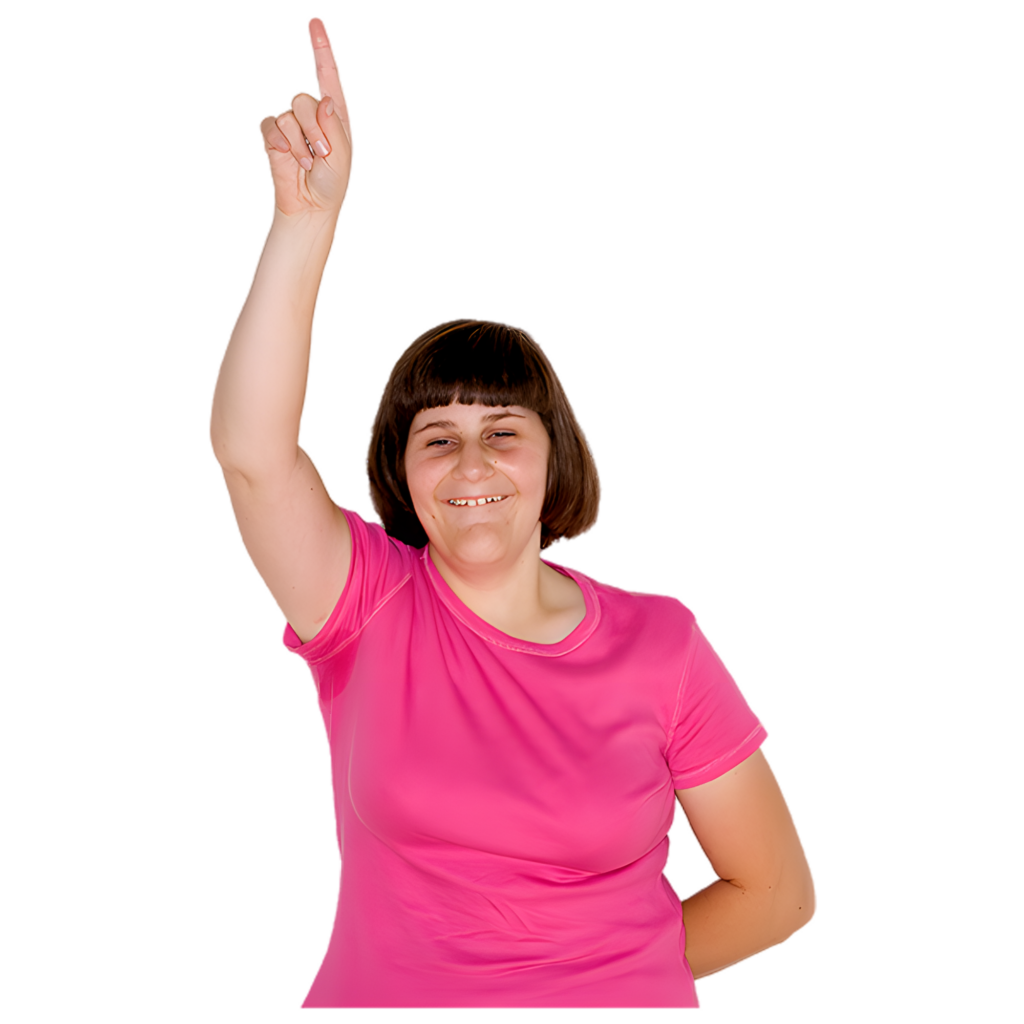 A girl pointing upward with her right hand.
