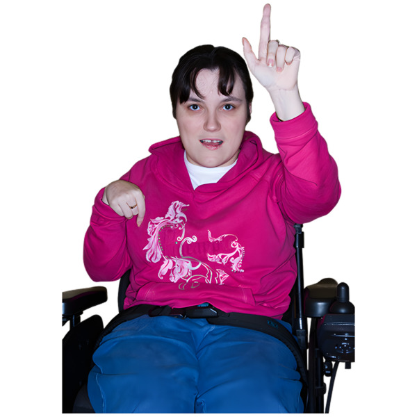 A girl pointing up with one finger.