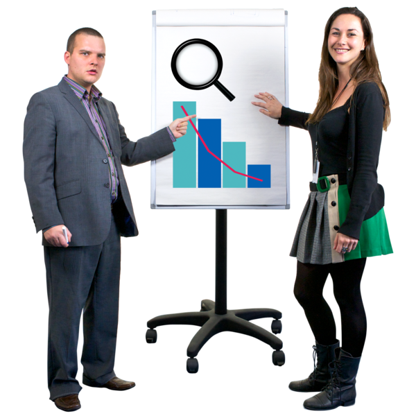 A man and a woman standing next to a flipchart that has a graphic