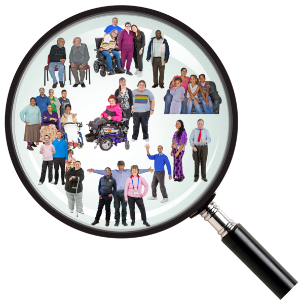 A magnifying glass to different groups of people 