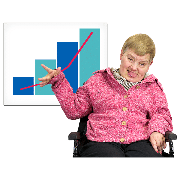 A woman pointing to a graphic