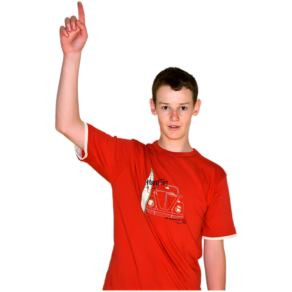 A boy raising his hand.