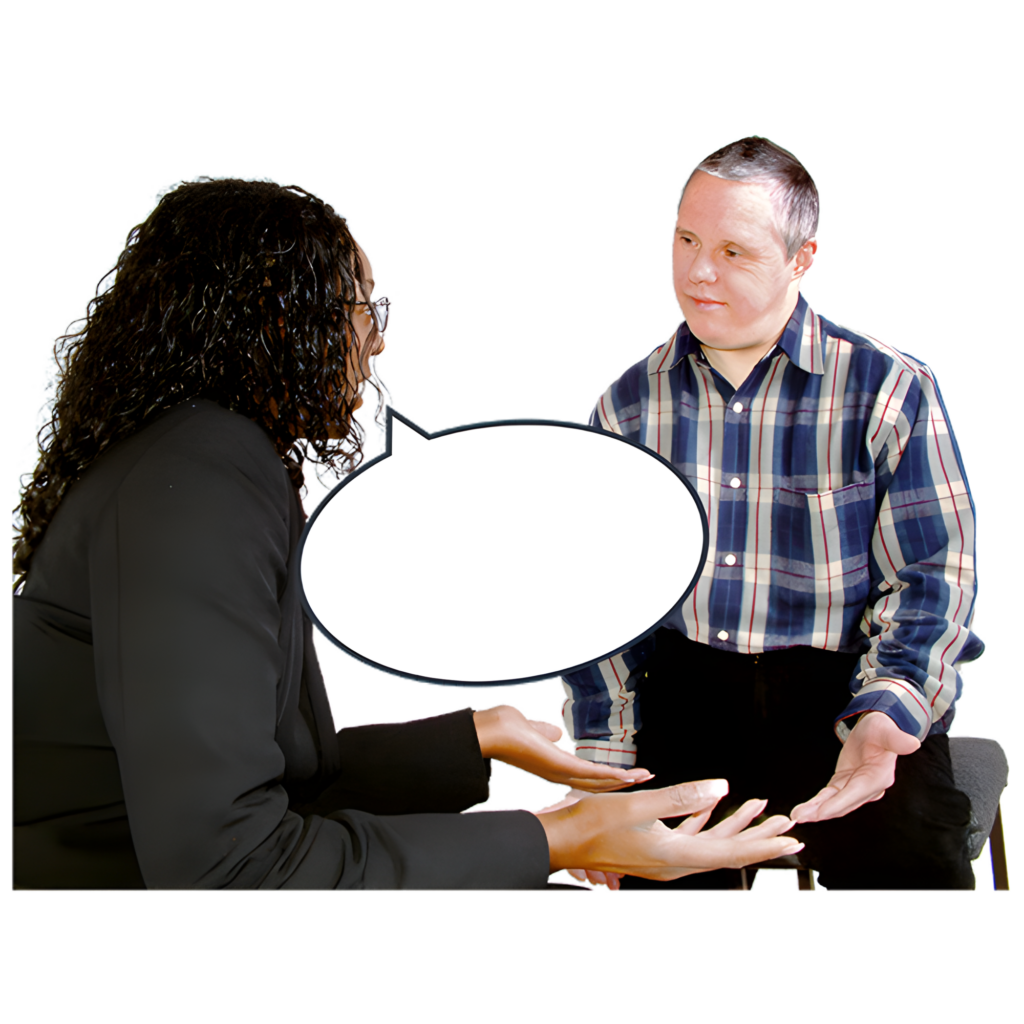 Two people engaged in conversation.