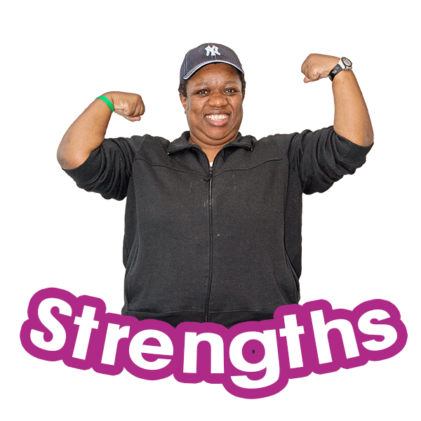 A woman lifting both arms and the word strengths under her