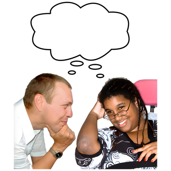 A woman and a man thinking together.