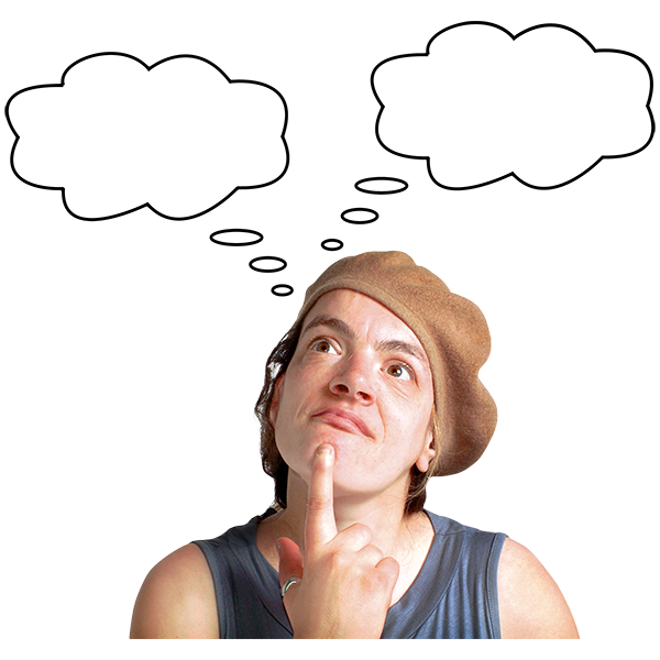 A woman with two thinking bubbles above