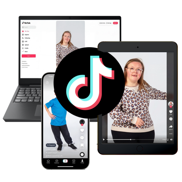 A smartphone, iPad, and laptop with the TikTok logo displayed in the center.