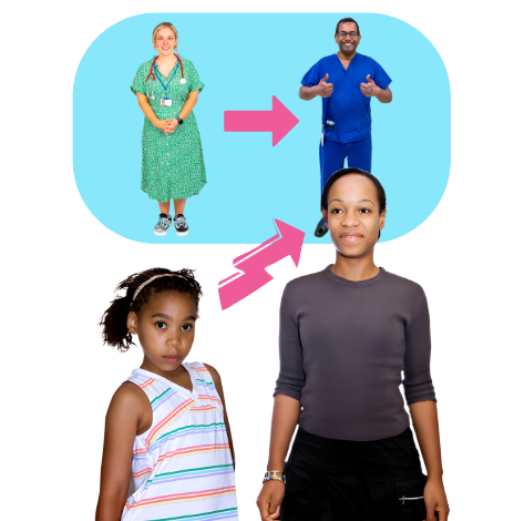 A girl growing from childhood to young adulthood, with an arrow showing the change from a children's doctor to an adult doctor.