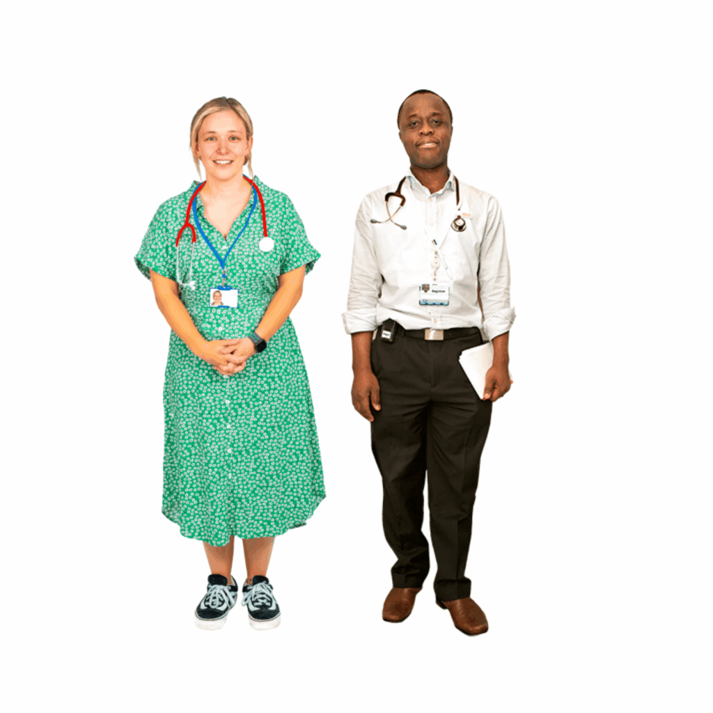 Two health care workers standing next to each other