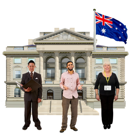 Three people standing in front of a government building