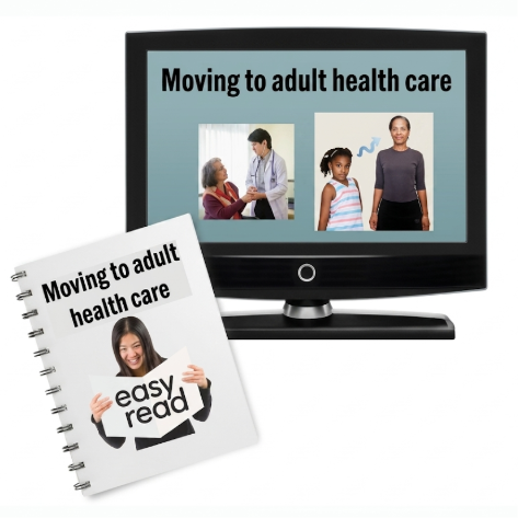 A monitor and a booklet with the title Moving to adult health care