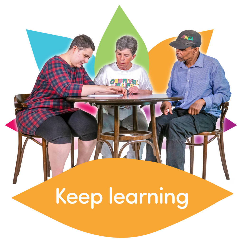 Three people sitting at a table learning together, with a graphic that reads "Keep learning."
