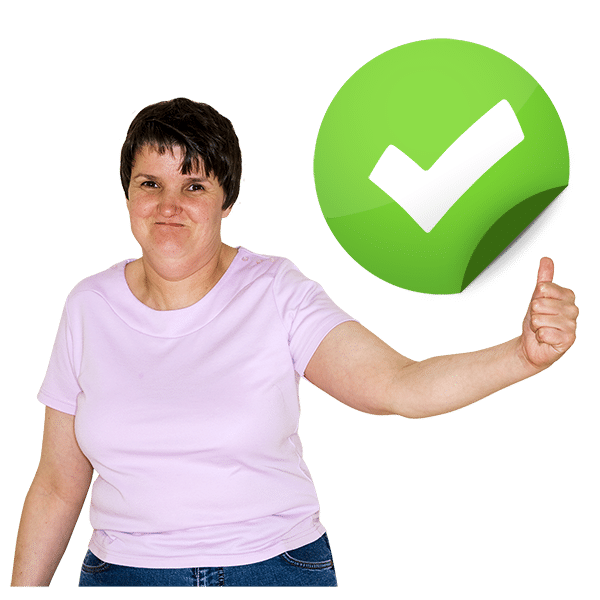 A smiling woman giving a thumbs-up with a green tick