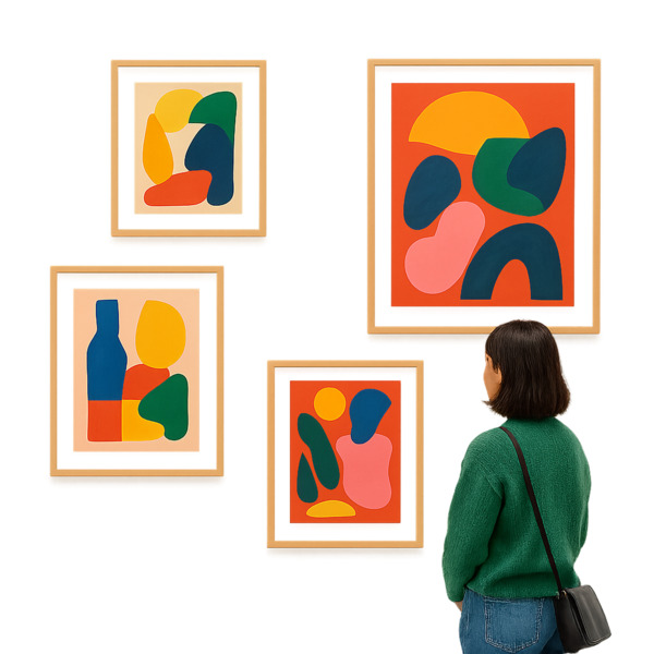 A girl looking at artwork displayed on a wall.