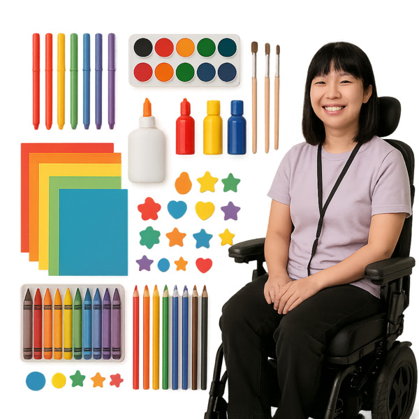 A smiling girl sitting beside arts and crafts supplies such as coloured pencils, crayons, glue, and coloured paper.