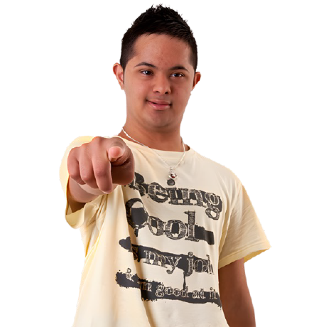 A boy pointing at the viewer.